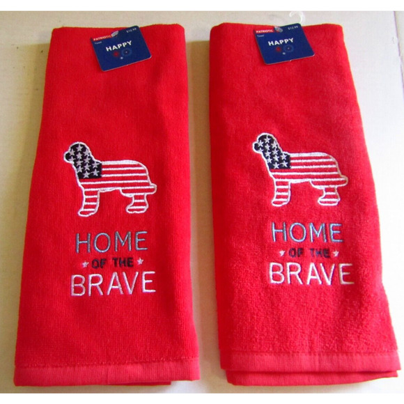 Patriotic Kitchen Dish Towels Red White and Blue American Embroidered Set of 2 - Picture 2 of 4